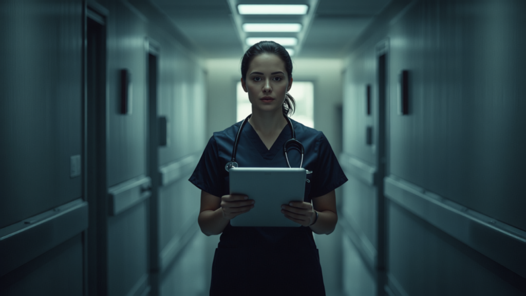 Nurse holding a clipboard in a hospital hallway