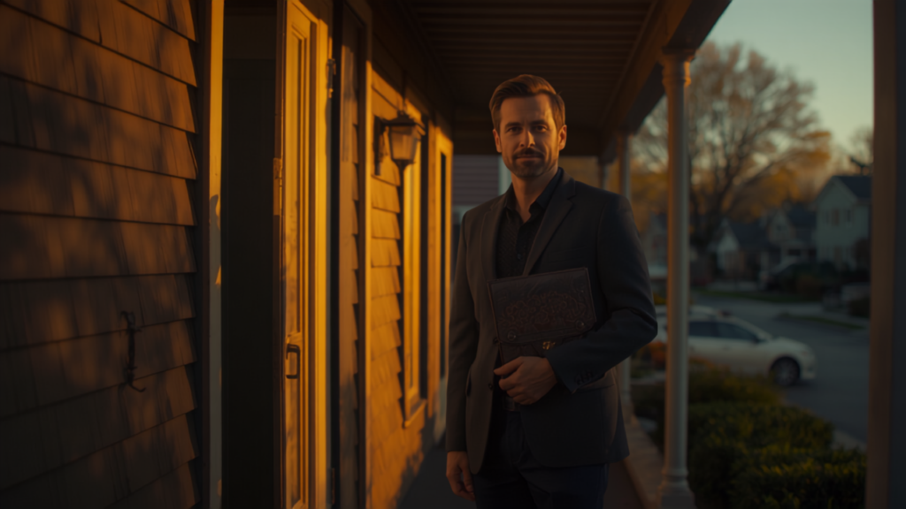 Man in a jacket holding a folder at a front door in the evening