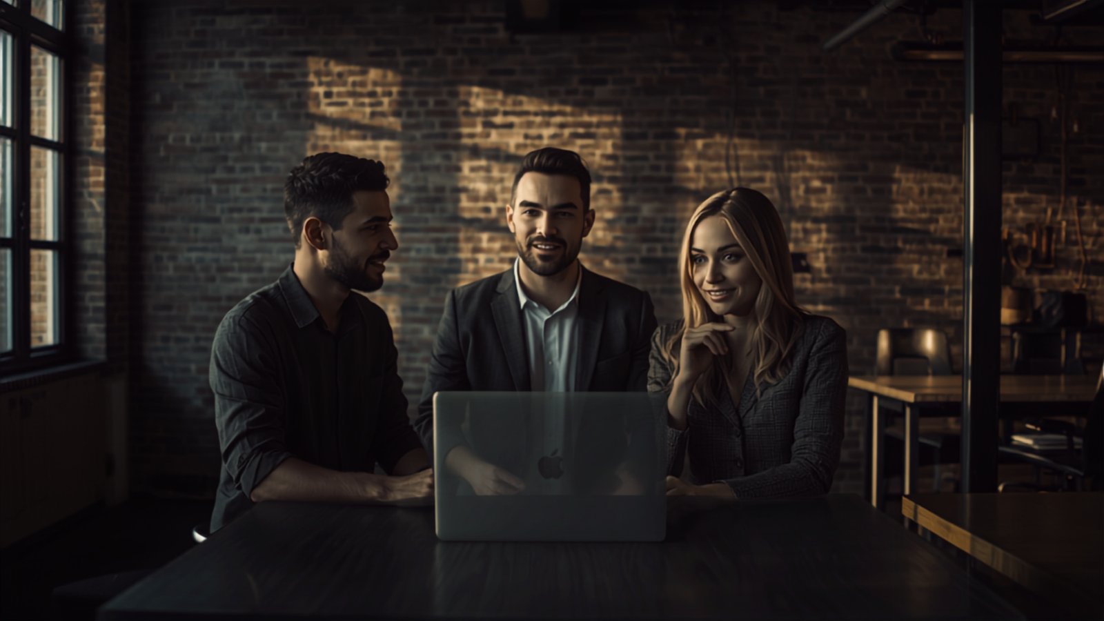 Three colleagues gathered around a laptop in a dimly lit meeting room