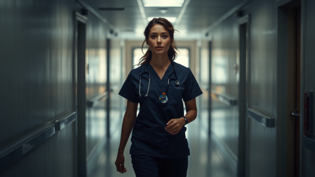 Nurse in scrubs walking down a hospital corridor