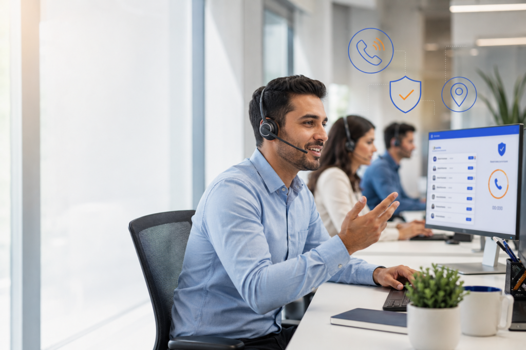 Inside sales agent with a headset making outbound calls at an office workstation