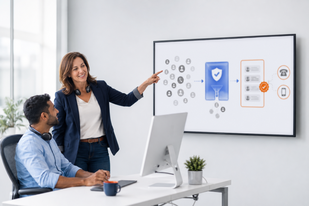 Manager presenting a lead generation workflow on a wall screen to a colleague