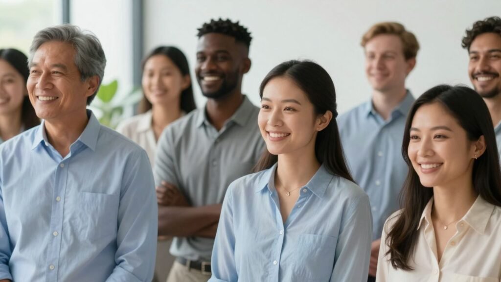 Diverse group of smiling professionals standing together in an office