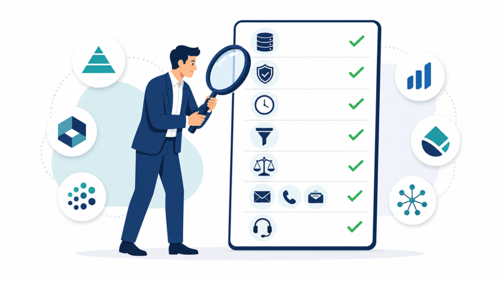 Illustration of a marketer evaluating mailing list providers using a 7-point checklist covering data sourcing, accuracy, freshness, targeting, compliance, channels, and support