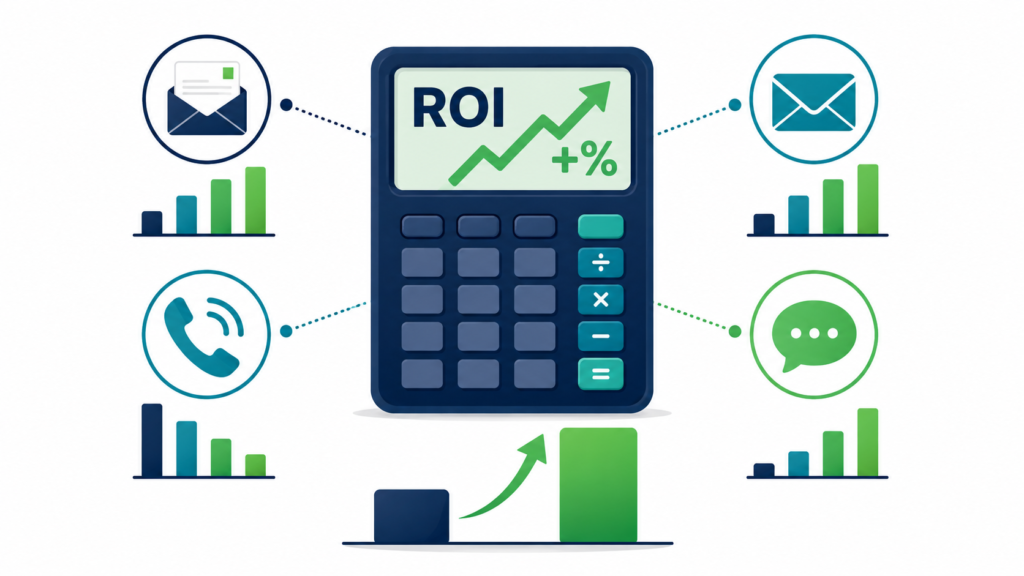 Illustration of direct marketing ROI calculation showing a calculator surrounded by response rate charts for direct mail, email, telemarketing, and SMS channels