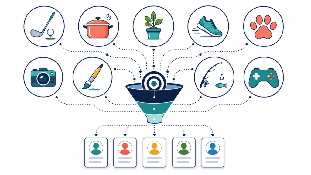 Illustration of hobby and interest-based mailing list targeting showing lifestyle icons for golf, cooking, gardening, fitness, pets, and travel flowing into a demographic targeting funnel