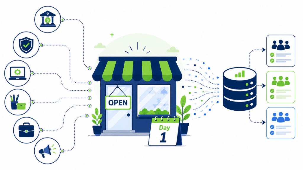 Illustration of new business mailing list targeting showing a newly opened business connected to the products and services it needs to purchase in its first year