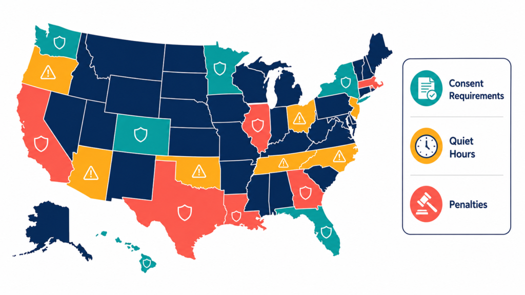 Illustration of a US map highlighting states with SMS marketing laws stricter than the federal TCPA, with compliance tier indicators for consent, quiet hours, and penalties