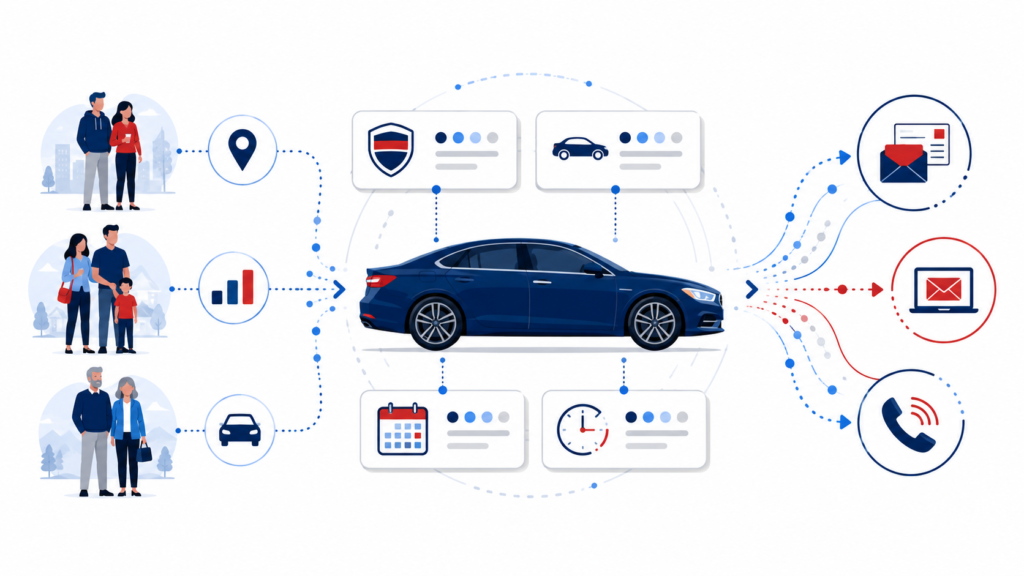 Illustration of auto buyer mailing list targeting showing vehicles filtered by make, model, year, and lease expiration connected to direct mail, email, and phone marketing channels