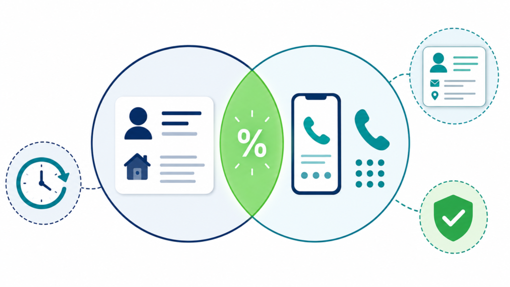Illustration of phone append match rates showing a Venn diagram of customer records matched against phone databases with factors affecting match rate success